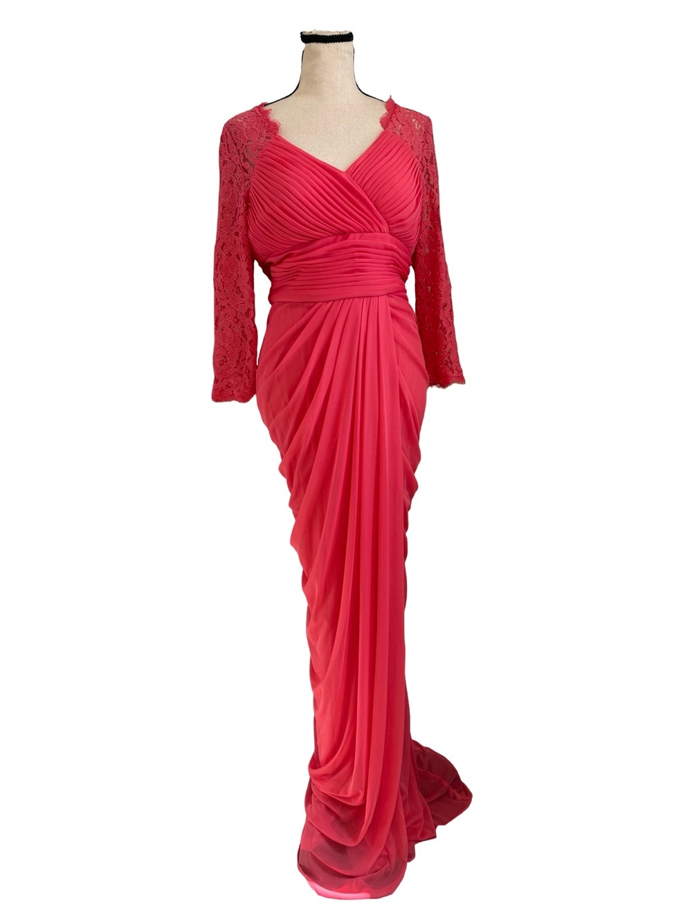 Adrianna Papell Coral Ruched Lace Sleeve Evening Gown Formal Dress Size 10